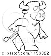 Cartoon Clipart Of A Black And White Buffalo Walking Upright Vector Outlined Coloring Page
