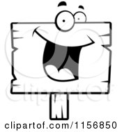 Cartoon Clipart Of A Black And White Happy Smiling Wood Sign Character Vector Outlined Coloring Page