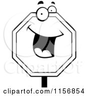 Cartoon Clipart Of A Black And White Happy Stop Sign Character Vector Outlined Coloring Page