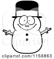 Cartoon Clipart Of A Black And White Happy Snowman With A Hat Vector Outlined Coloring Page