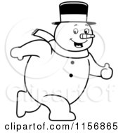 Cartoon Clipart Of A Black And White Plump Walking Snowman Vector Outlined Coloring Page