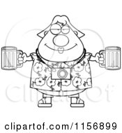 Cartoon Clipart Of A Black And White Plump Female Tourist Holding Beer Vector Outlined Coloring Page by Cory Thoman