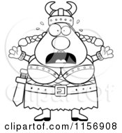 Cartoon Clipart Of A Black And White Fearful Plump Female Viking Vector Outlined Coloring Page