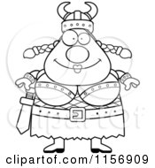Cartoon Clipart Of A Black And White Plump Female Viking Vector Outlined Coloring Page