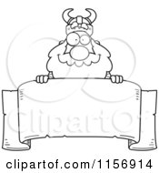 Cartoon Clipart Of A Black And White Viking Looking Over A Blank Banner Vector Outlined Coloring Page