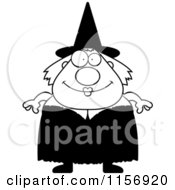 Cartoon Clipart Of A Black And White Plump Witch Vector Outlined Coloring Page