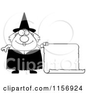 Poster, Art Print Of Black And White Plump Witch With A Blank Scroll Sign