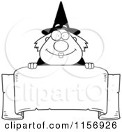 Cartoon Clipart Of A Black And White Plump Witch Looking Over A Blank Banner Vector Outlined Coloring Page