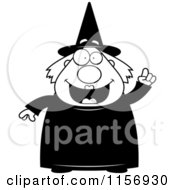 Cartoon Clipart Of A Black And White Chubby Witch Holding Up A Finger Vector Outlined Coloring Page