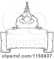 Cartoon Clipart Of A Black And White Plump Old Wizard Looking Over A Blank Banner Vector Outlined Coloring Page