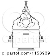 Cartoon Clipart Of A Black And White Plump Old Wizard Using A Desktop Computer Vector Outlined Coloring Page