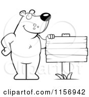 Poster, Art Print Of Black And White Friendly Bear Standing By A Blank Wood Sign