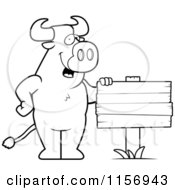 Poster, Art Print Of Black And White Friendly Bull Standing By A Blank Wood Sign