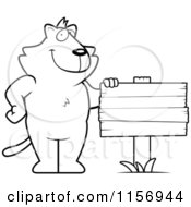 Cartoon Clipart Of A Black And White Cat With A Blank Wood Sign Vector Outlined Coloring Page