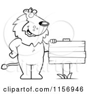 Poster, Art Print Of Black And White Friendly Lion Standing By A Blank Wood Sign