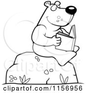 Cartoon Clipart Of A Black And White Bear Reading A Book On A Boulder Vector Outlined Coloring Page