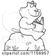 Cartoon Clipart Of A Black And White Cat Reading A Book On A Boulder Vector Outlined Coloring Page