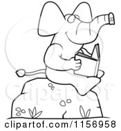 Cartoon Clipart Of A Black And White Elephant Reading A Book On A Boulder Vector Outlined Coloring Page