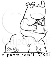 Cartoon Clipart Of A Black And White Rhino Reading A Book On A Boulder Vector Outlined Coloring Page