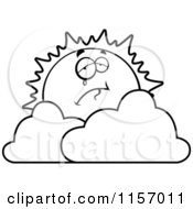 Cartoon Clipart Of A Black And White Crying Sun Over Clouds Vector Outlined Coloring Page