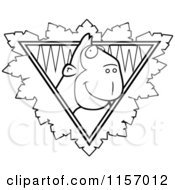 Cartoon Clipart Of A Black And White Ape Face Over A Safari Triangle With Leaves Vector Outlined Coloring Page