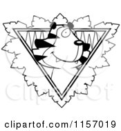 Cartoon Clipart Of A Black And White Tiger Face Over A Safari Triangle With Leaves Vector Outlined Coloring Page