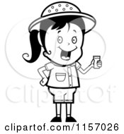 Cartoon Clipart Of A Black And White Cute Safari Girl Drinking Water Vector Outlined Coloring Page