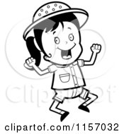 Cartoon Clipart Of A Black And White Happy Safari Girl Jumping Vector Outlined Coloring Page