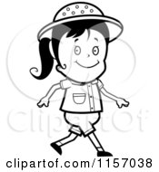 Cartoon Clipart Of A Black And White Safari Girl Smiling And Walking Vector Outlined Coloring Page