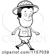 Cartoon Clipart Of A Black And White Safari Boy Walking Vector Outlined Coloring Page