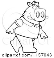 Cartoon Clipart Of A Black And White Boar Wearing A Shirt And Walking Upright Vector Outlined Coloring Page