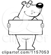 Cartoon Clipart Of A Black And White Friendly Bear Holding A Blank Sign Vector Outlined Coloring Page