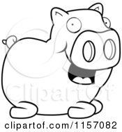 Cartoon Clipart Of A Black And White Happy Pig Sitting Vector Outlined Coloring Page
