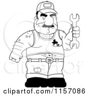 Cartoon Clipart Of A Black And White Gross Mechanic Holding A Wrench Vector Outlined Coloring Page
