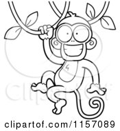 Cartoon Clipart Of A Black And White Happy Monkey Swinging On A Vine Vector Outlined Coloring Page