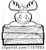 Cartoon Clipart Of A Black And White Goofy Moose Over A Blank Wood Plaque Vector Outlined Coloring Page