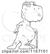 Cartoon Clipart Of A Black And White Old Dinosaur Using A Cane Vector Outlined Coloring Page