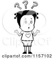 Poster, Art Print Of Black And White Confused Girl Shrugging Under Question Marks
