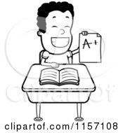 Poster, Art Print Of Black And White Happy Boy Holding Up An A Plus Report Card At His Desk