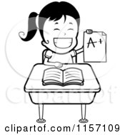 Cartoon Clipart Of A Black And White School Girl Holding Up An A Plus Report Card And Sitting At Her Desk Vector Outlined Coloring Page by Cory Thoman