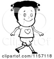 Cartoon Clipart Of A Black And White Happy Girl Walking Vector Outlined Coloring Page