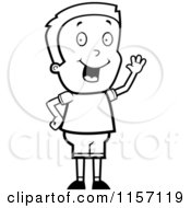Cartoon Clipart Of A Black And White Friendly Waving Boy Character Vector Outlined Coloring Page