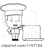 Cartoon Clipart Of A Black And White Male Toddler Chef Holding A Blank Menu Vector Outlined Coloring Page