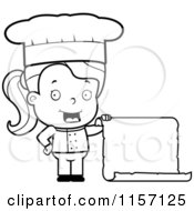 Cartoon Clipart Of A Black And White Female Toddler Chef Holding A Blank Menu Vector Outlined Coloring Page by Cory Thoman