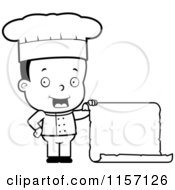 Cartoon Clipart Of A Black And White Chef Boy Holding A Menu Scroll Vector Outlined Coloring Page