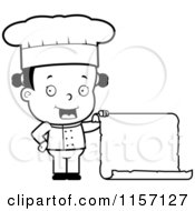 Cartoon Clipart Of A Black And White Female Toddler Chef Holding A Blank Menu Vector Outlined Coloring Page by Cory Thoman