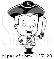 Cartoon Clipart Of A Black And White Pirate Boy Holding Up A Sword Vector Outlined Coloring Page