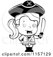 Cartoon Clipart Of A Black And White Toddler Pirate Girl Holding A Sword Vector Outlined Coloring Page