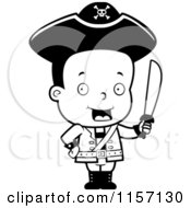 Cartoon Clipart Of A Black And White Toddler Pirate Bioy Holding A Sword Vector Outlined Coloring Page