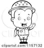 Cartoon Clipart Of A Black And White Toddler Safari Boy Waving Vector Outlined Coloring Page